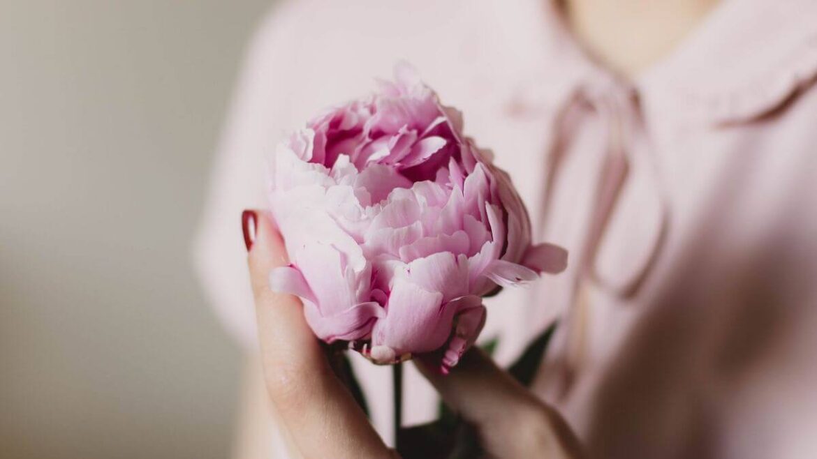 ピンクの花を持った女性
